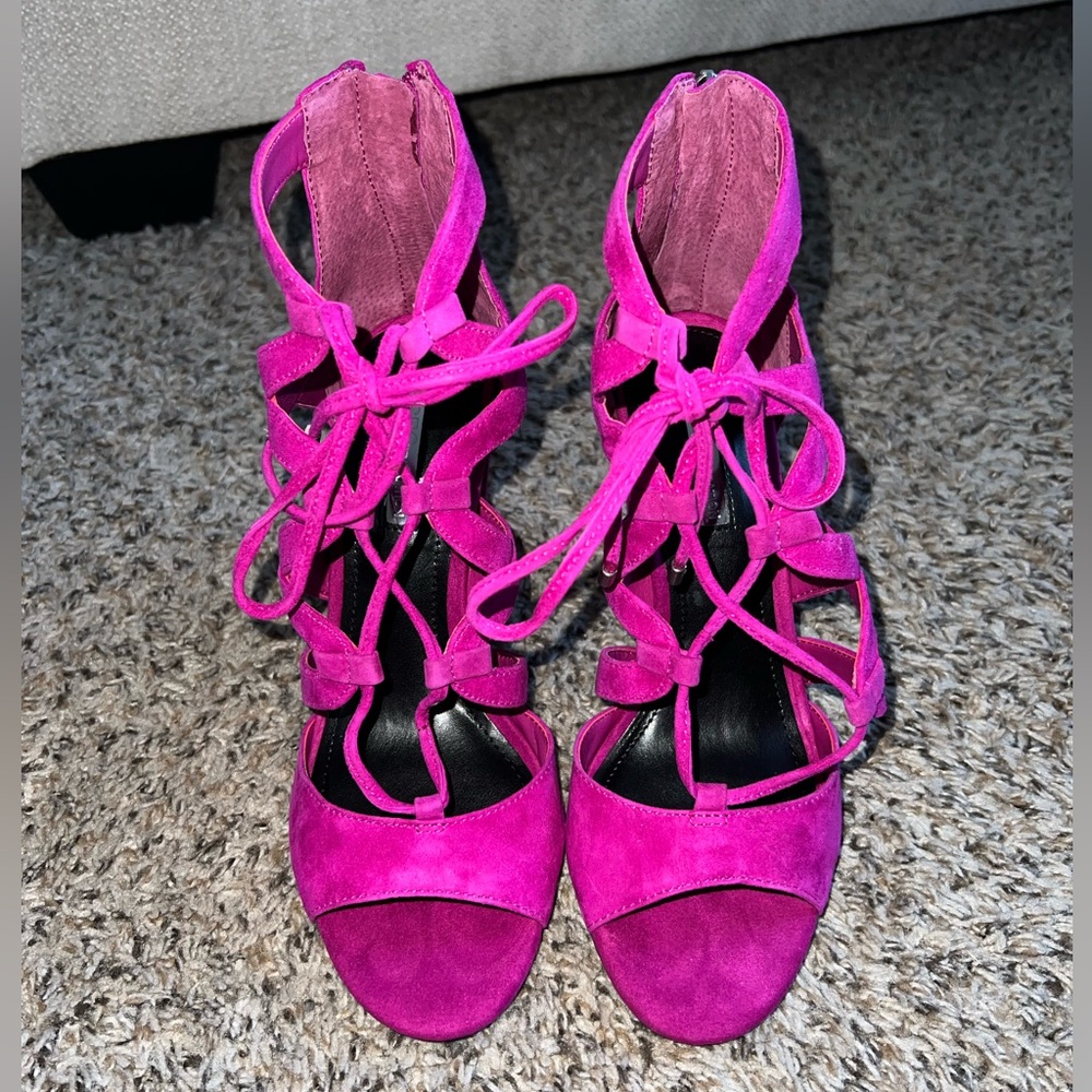 BCBG • “Rameena” lux kid suede strappy block heel sandals, size 6.5M in Magenta